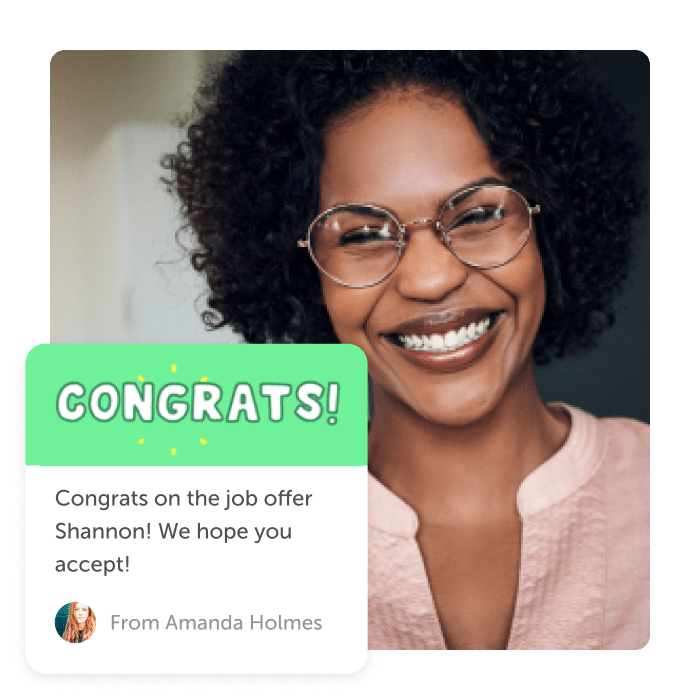 Woman smiling with job offer Kudoboard post